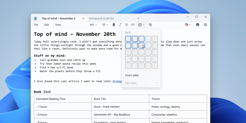 В «Блокноте» на Windows 11 появилась поддержка таблиц